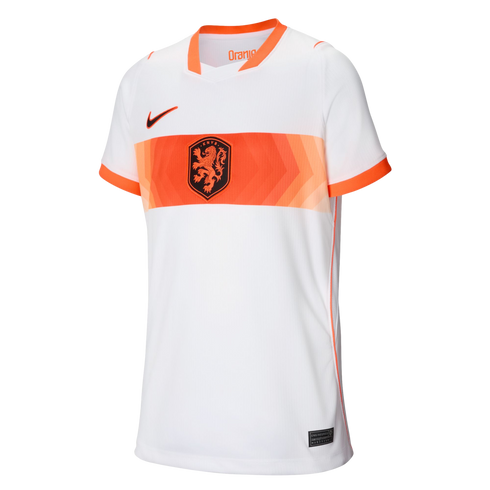 A white Nike soccer jersey for the Netherlands national team, featuring an orange horizontal band across the chest with the KNVB lion crest, and orange trim on the collar and sleeves.