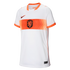 A white Nike soccer jersey for the Netherlands national team, featuring an orange horizontal band across the chest with the KNVB lion crest, and orange trim on the collar and sleeves.