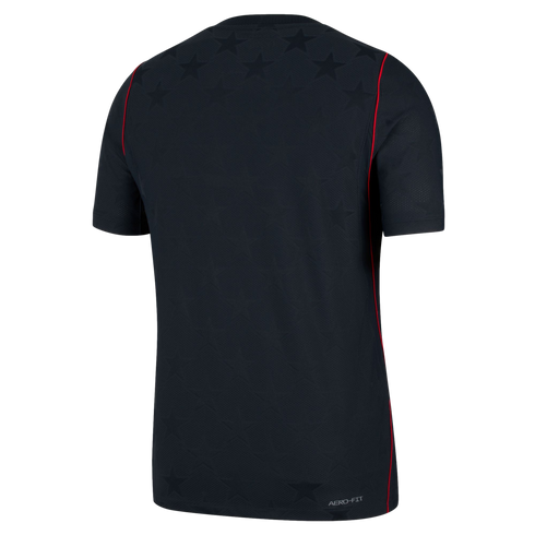 Back view of a black athletic jersey featuring tonal star patterns on the shoulders and thin red piping along the sides. "AERO-FIT" text is visible on the bottom right hem.