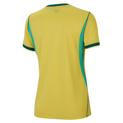 Back view of a yellow athletic jersey with short sleeves, green trim on the collar and cuffs, and green vertical side panels against a black background.