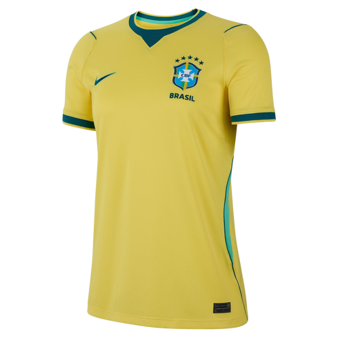 A yellow Nike Brazil soccer jersey with green and blue trim. Features the CBF crest with five stars above the word "BRASIL" and a green Nike swoosh on the chest.