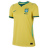 A yellow Nike Brazil soccer jersey with green and blue trim. Features the CBF crest with five stars above the word "BRASIL" and a green Nike swoosh on the chest.