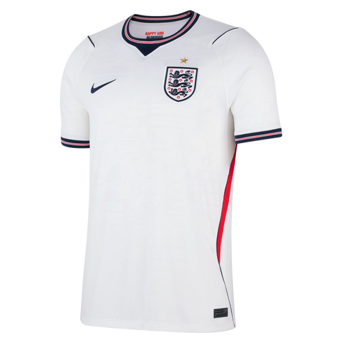White Nike England national football team home jersey with the Three Lions crest and a gold star. Features navy and red trim on the collar and cuffs, and a red vertical side stripe.