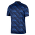 The back view of a blue short-sleeved athletic jersey with a repeating diagonal pattern of dark and royal blue stripes. Features a white collar detail against a black background.
