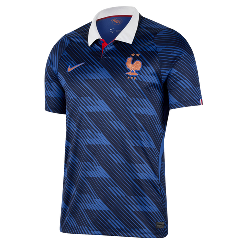 France national football team Nike jersey featuring blue diagonal stripes, a white polo collar, and a gold rooster crest.