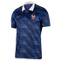 France national football team Nike jersey featuring blue diagonal stripes, a white polo collar, and a gold rooster crest.