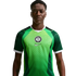 Man wearing a green Nigeria national football team home jersey with a circular federation crest and white Nike swoosh, set against a black background.