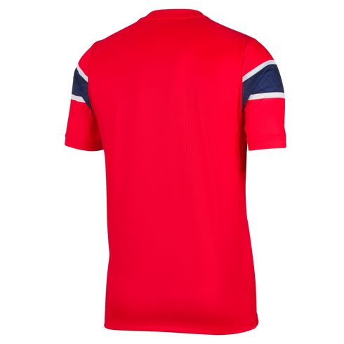 Back view of a red short-sleeved jersey with vertical ribbing. The sleeves feature a navy blue band with a tonal pattern, bordered by thin white stripes.