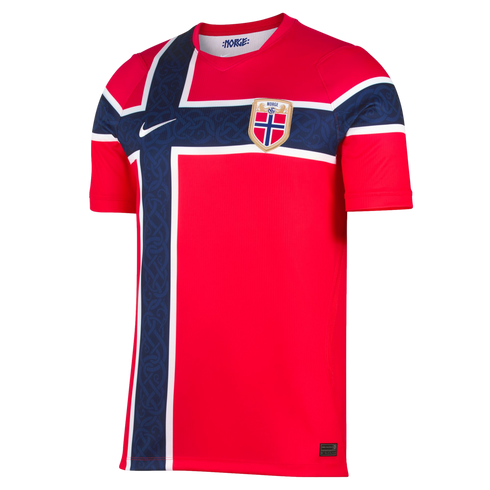 Red Norway home soccer jersey featuring a blue Nordic cross with subtle Viking knotwork, white borders, the national team crest, and a white Nike swoosh.