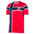Red Norway home soccer jersey featuring a blue Nordic cross with subtle Viking knotwork, white borders, the national team crest, and a white Nike swoosh.