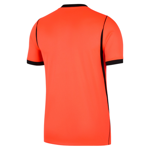 Back view of a bright orange, short-sleeved sports jersey with black trim on the collar and sleeve cuffs. A thin black stripe runs down each side from the shoulder to the hem.
