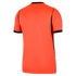 Back view of a bright orange, short-sleeved sports jersey with black trim on the collar and sleeve cuffs. A thin black stripe runs down each side from the shoulder to the hem.