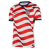 Nike USA soccer jersey with wavy red and white horizontal stripes, dark blue collar and cuffs, and the U.S. Soccer Federation crest on the chest.