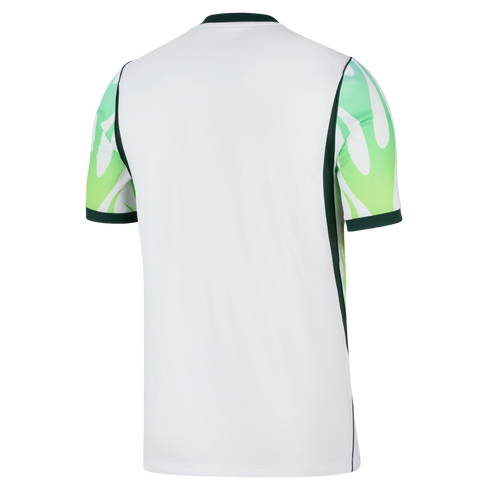 Back view of a white sports jersey featuring sleeves with an abstract green and lime pattern and dark green accents on the collar, cuffs, and sides.