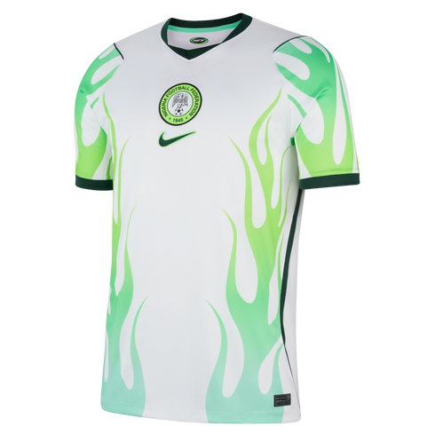 White Nike Nigeria home soccer jersey featuring light green flame patterns on the sides and sleeves with a centered team crest.