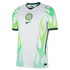 White Nike Nigeria home soccer jersey featuring light green flame patterns on the sides and sleeves with a centered team crest.