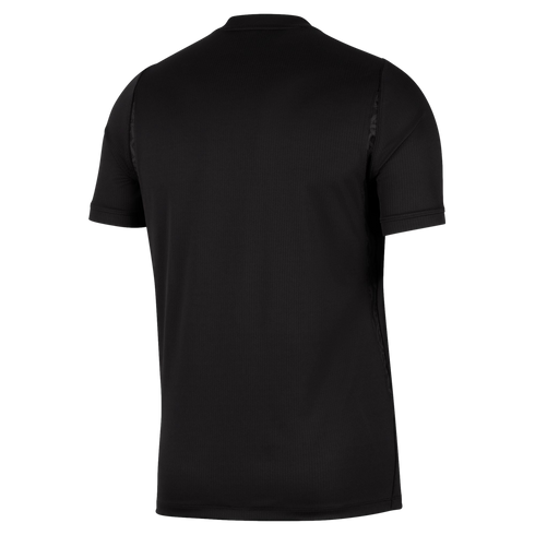 Back view of a black short-sleeved athletic shirt with vertical ribbing and patterned side panels.