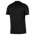 Back view of a black short-sleeved athletic shirt with vertical ribbing and patterned side panels.