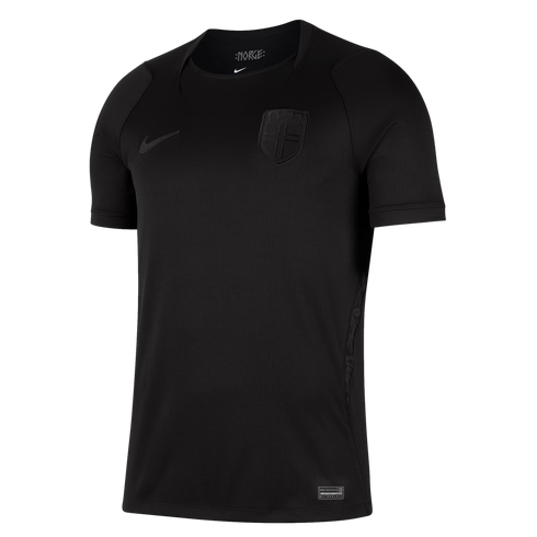 An all-black Nike Norway national team soccer jersey featuring a tonal Nike swoosh and team crest on the chest.