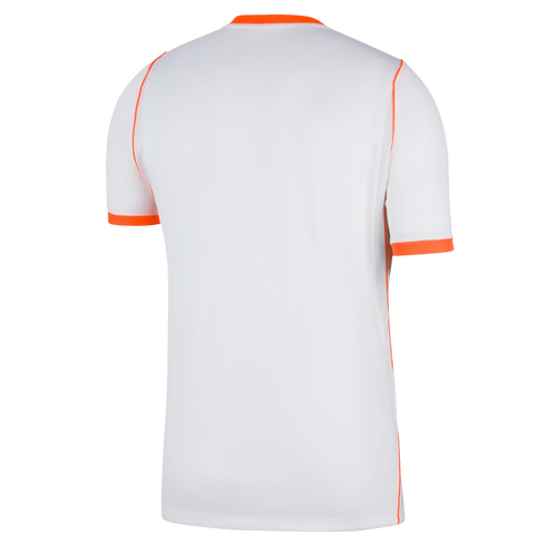 Back view of a white short-sleeved athletic jersey with orange accents at the collar, sleeve cuffs, and along the side seams, set against a black background.