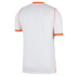 Back view of a white short-sleeved athletic jersey with orange accents at the collar, sleeve cuffs, and along the side seams, set against a black background.