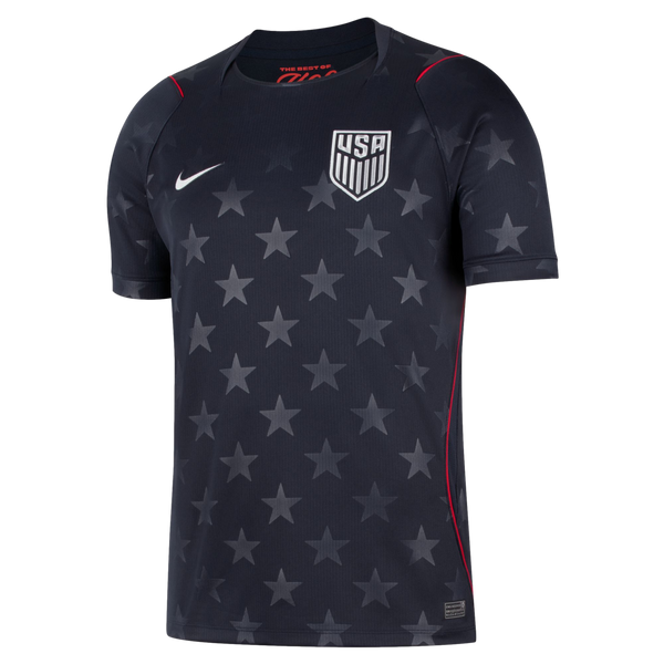 Black Nike USA soccer jersey with an all-over grey star pattern, featuring a central USA crest, white swoosh, and thin red trim.