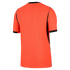 A back view of a vibrant orange short-sleeved athletic jersey with black trim on the collar, sleeve cuffs, and side panels. The shirt features a vertical ribbed texture and small blue "AERO-FIT" text at the bottom right hem.