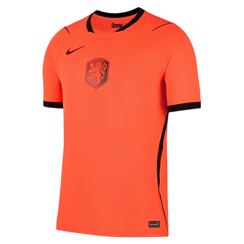 A bright orange Nike Netherlands national football team jersey featuring a central KNVB lion crest, black trim on the collar and sleeve cuffs, and a vertical ribbed texture.