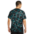 Back view of a man wearing a black short-sleeve shirt with a teal geometric line and dot pattern, standing against a white background.
