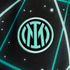 Close-up of the mint green and black Inter Milan club crest embroidered on a geometric patterned fabric.