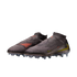 A pair of charcoal grey Nike laceless soccer cleats with a high-top knitted collar, featuring orange and lime green accents against a solid black background.