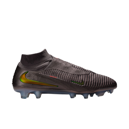 A side-profile view of a dark brown Nike Phantom soccer cleat featuring a knitted high-cut collar and an iridescent metallic green-and-orange Nike swoosh on a black background.