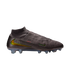 A side-profile view of a dark brown Nike Phantom soccer cleat featuring a knitted high-cut collar and an iridescent metallic green-and-orange Nike swoosh on a black background.