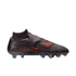 A profile view of a dark grey Nike Phantom soccer cleat with bright orange accents on a solid black background. The shoe features a textured, laceless upper with a high-top collar, a small red swoosh logo, and "PHANTOM" printed in red on the heel. The sol