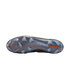 Underside view of a metallic grey Nike soccer cleat against a black background. The translucent soleplate features a pattern of clear studs, a circular "Nike Cyclone 360" design at the forefoot, and a bright orange Nike swoosh at the heel.