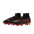 A pair of black Nike Mercurial Air Zoom soccer cleats with bright orange and red accents. The cleats feature a high-top, sock-like collar and a textured upper material. A large, orange Nike Swoosh wraps around the side, and the sole plate and studs are a