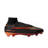 A side profile of a Nike Mercurial Superfly soccer cleat against a solid black background. The boot is primarily black with a high-top knit collar and a large orange-outlined swoosh stretching across the side. The soleplate features a vibrant orange and r