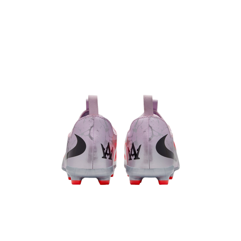 Rear view of two light purple Nike soccer cleats with a marbled pattern, black crown logos on the heels, and red studs.