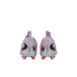 Rear view of two light purple Nike soccer cleats with a marbled pattern, black crown logos on the heels, and red studs.