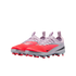 Pair of lavender and bright red Nike soccer cleats with silver accents and black swooshes, displayed against a black background.