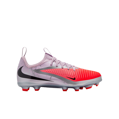 Profile view of a Nike soccer cleat with a lavender heel, silver accents, and a bright red toe and studs, set against a black background.