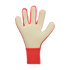 Goalkeeper glove shown from the palm side with cream foam padding and a red ribbed wristband, set against a black background.