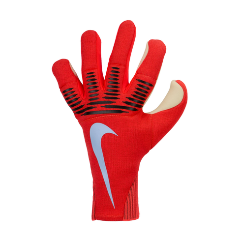A red Nike goalkeeper glove with black grip textures and a light blue swoosh, displayed against a solid black background.