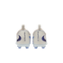 Rear view of white Nike Phantom soccer cleats with blue accents and 'PHANTOM' branding on the heels, against a black background.