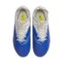 Top-down view of blue and white Nike athletic shoes with white laces on a black background.