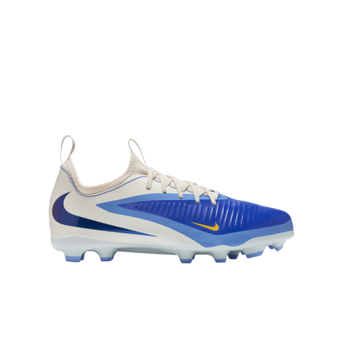 A Nike football cleat with a white heel transitioning into a blue upper, featuring a large navy blue swoosh on the side and a small yellow swoosh near the toe.