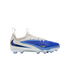A Nike football cleat with a white heel transitioning into a blue upper, featuring a large navy blue swoosh on the side and a small yellow swoosh near the toe.