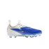 Side view of a white and blue Nike Phantom GT2 Academy soccer cleat with a yellow swoosh against a black background.