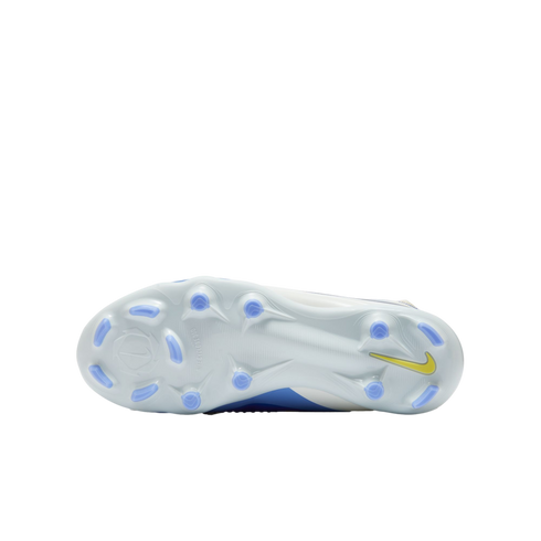 Bottom view of a Nike soccer cleat soleplate in white and light blue with blue studs and a yellow swoosh, set against a black background.