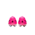 Rear view of two vibrant pink soccer cleats with "Maestro" branding and iridescent soleplates, isolated on a white background.